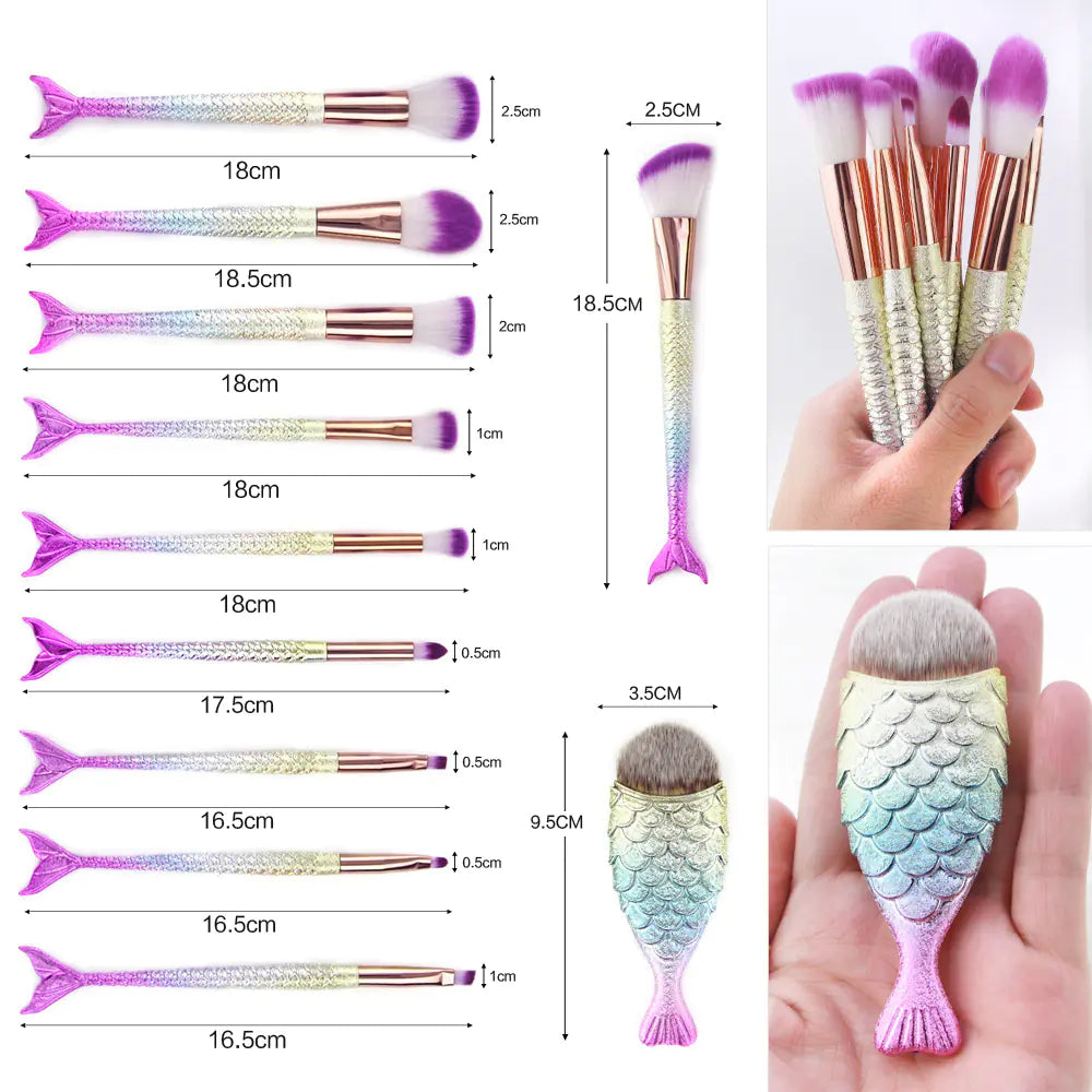 Unicorn Glitter Makeup Brushes with Mermaid Design (Set)