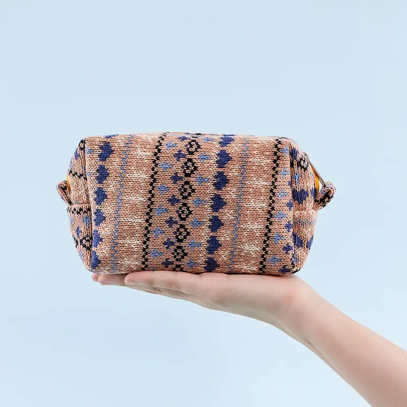 Vintage Knitted Cosmetic Bag with Geometric Pattern